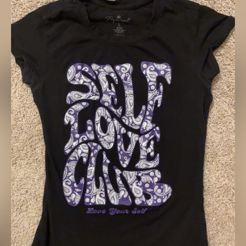 Black Tee with Purple and White Graphic